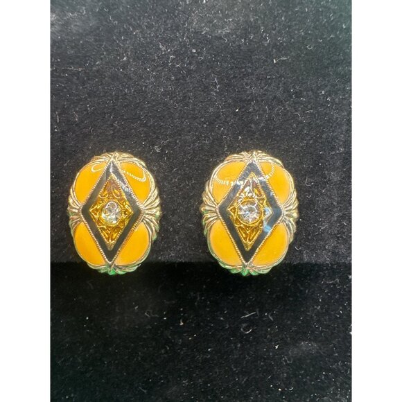 Jewelry - Vintage Gold & Yellow Enamel Clip-On Earrings With Diamond Shaped Design Accents